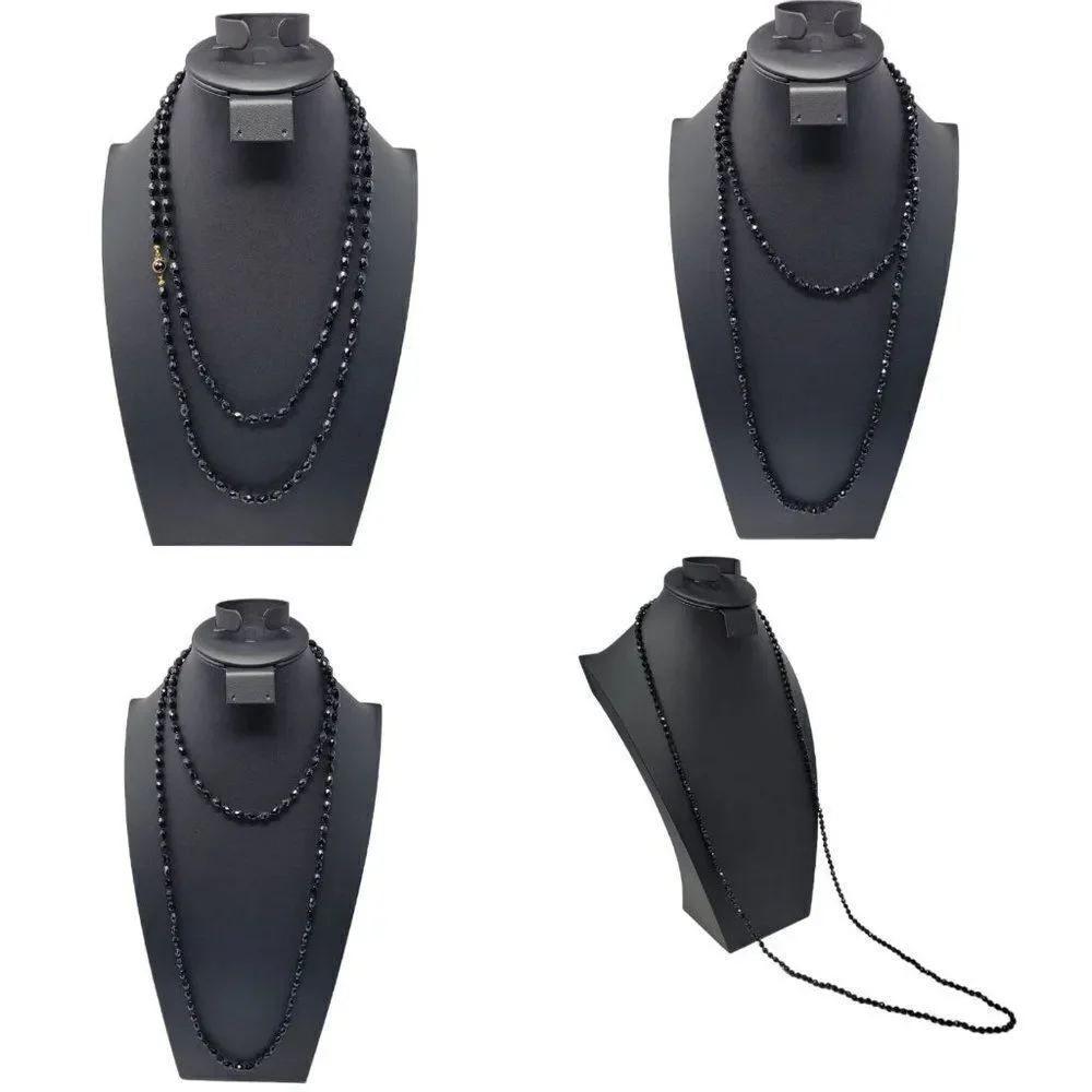 Vintage Signed Austrian Black Glass Beaded Flapper‎ Necklace Oblong Bicone Long